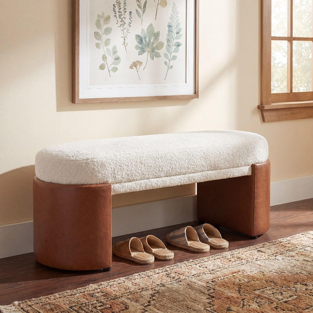 Ropilly - Modern Boucle Dining Bench with Brown PU Legs, Upholstered Entryway Accent Seating - Beige