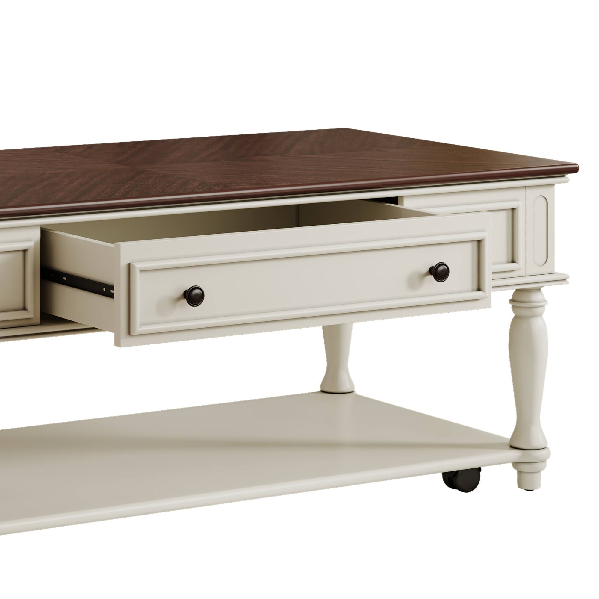 Alt View 8. Tiramisubest - Farmhouse Coffee Table with One Drawer,Retro Movable Rectangular Center Table with Lockable Wheels,Walnut+White - White+Walnut.