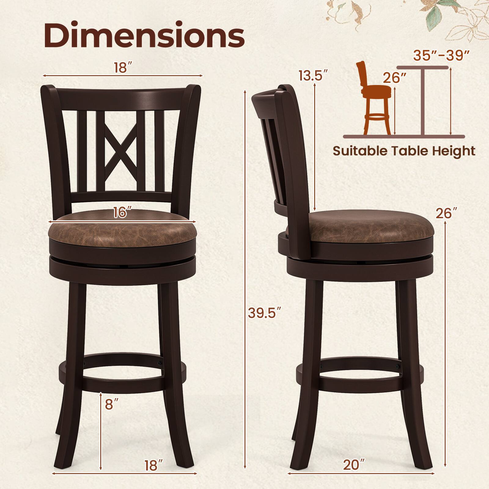Dimensions: 18" x 13.5" x 35"-39" x 26"  
Suitable Table Height: 16" x 26" x 39.5" x 8" x 18" x 20"