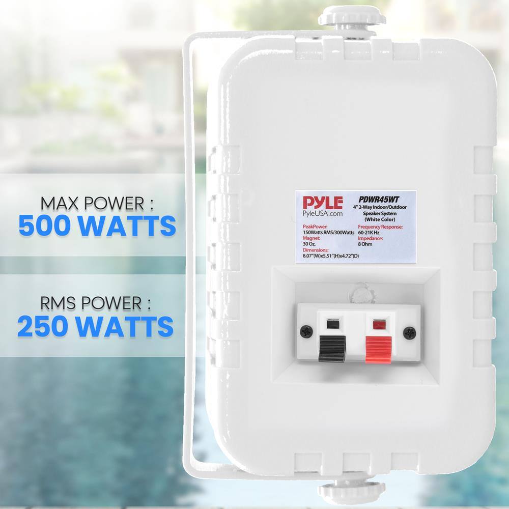 MAX POWER: 500 WATTS

RMS POWER: 250 WATTS

PYLE
PyleUSA.com

PDWR45WT
4" 2-Way Indoor/Outdoor Speaker System (White Color)

Peak Power: 150 Watts RMS/300 Watts
Frequency Response: 60-21K Hz
Magnet: 300z Ohm
Dimensions: 8.07(W) x 5.17(H) x 4.72(D)