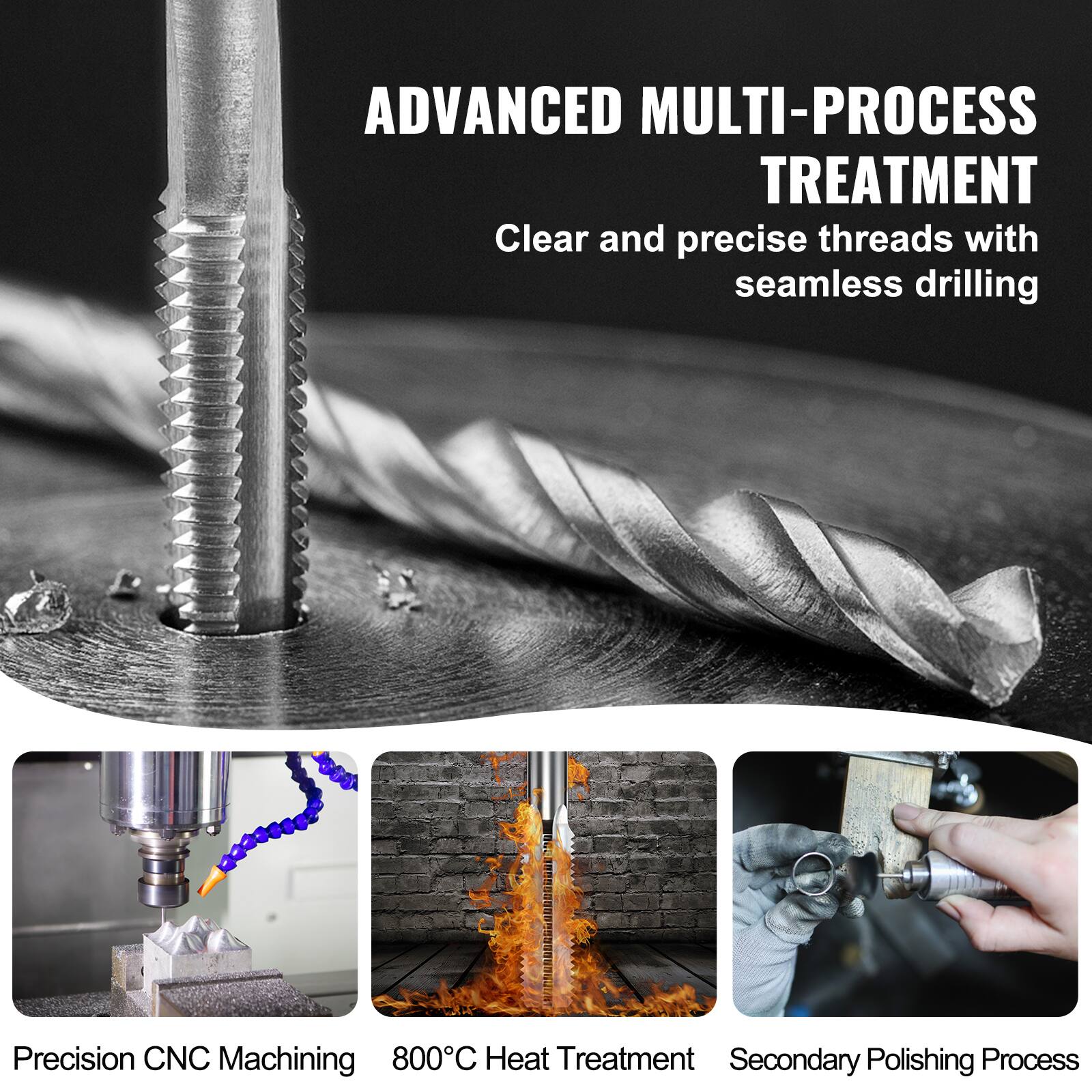 ADVANCED MULTI-PROCESS TREATMENT  
Clear and precise threads with seamless drilling  

Precision CNC Machining  
800°C Heat Treatment  
Secondary Polishing Process
