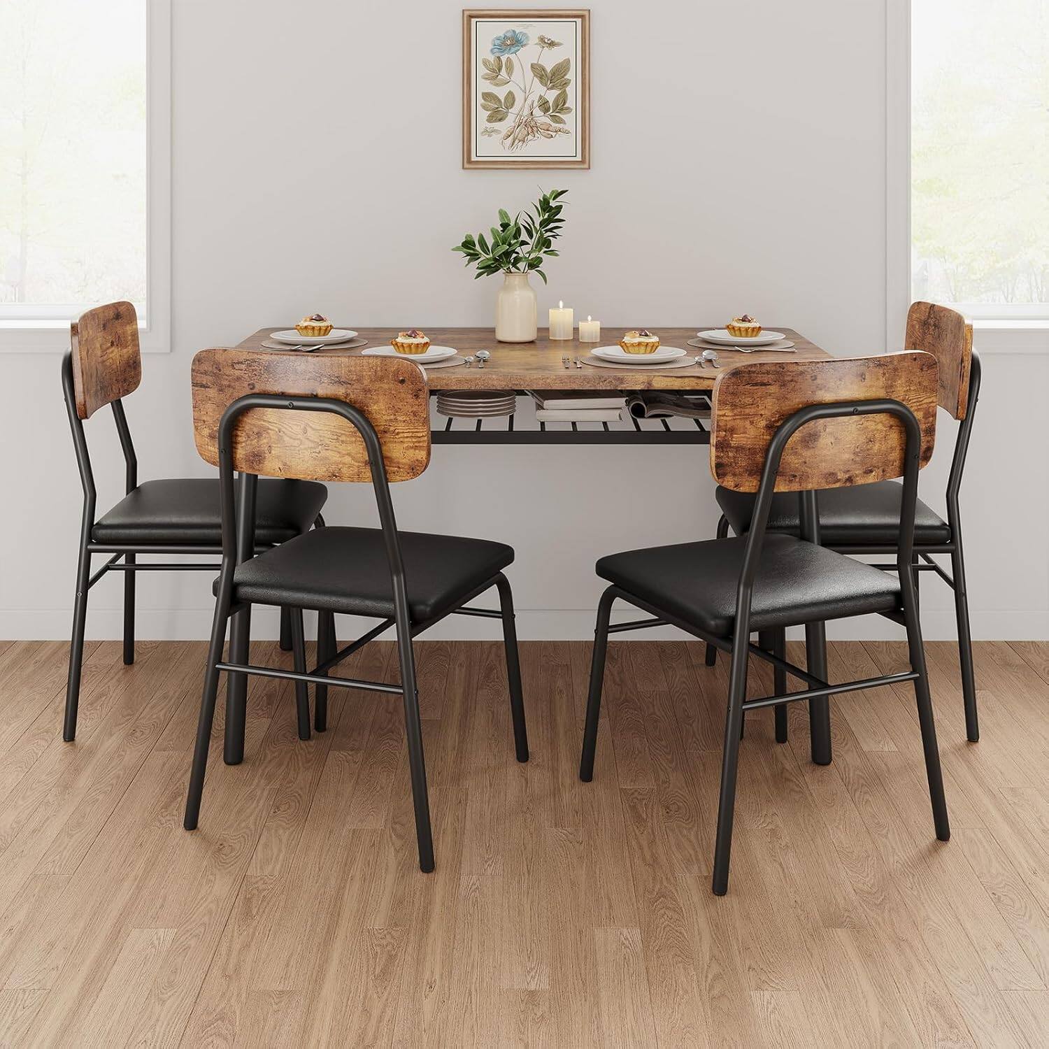 Back. Qeetex - 5-Piece Dining Set for 4 with Storage, Wood Tabletop & Metal Frame, Upholstered Chairs, Compact for Small Spaces - Brown.