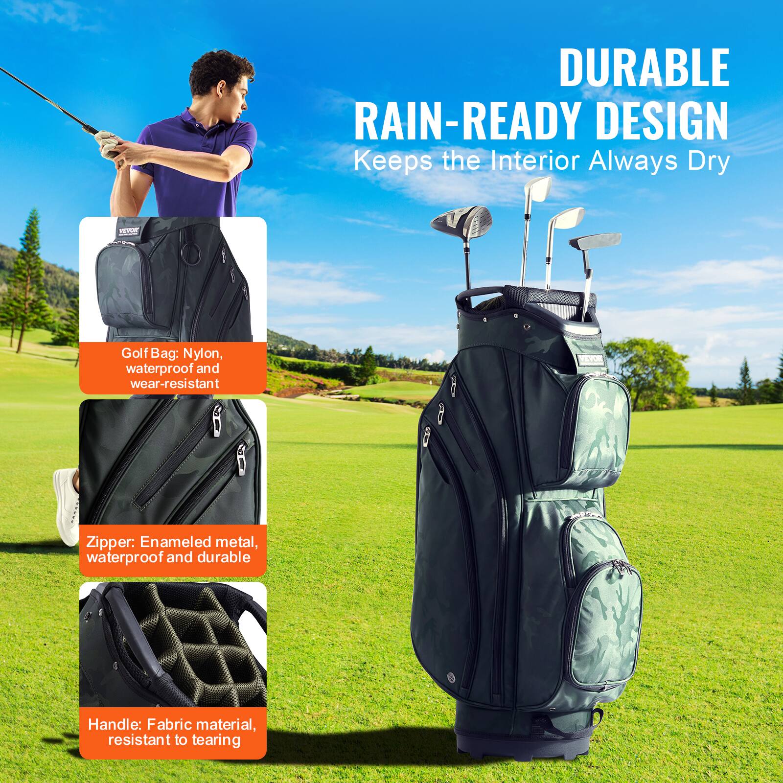 DURABLE RAIN-READY DESIGN  
Keeps the Interior Always Dry  

Golf Bag: Nylon, waterproof and wear-resistant  

Zipper: Enamelled metal, waterproof and durable  

Handle: Fabric material, resistant to tearing