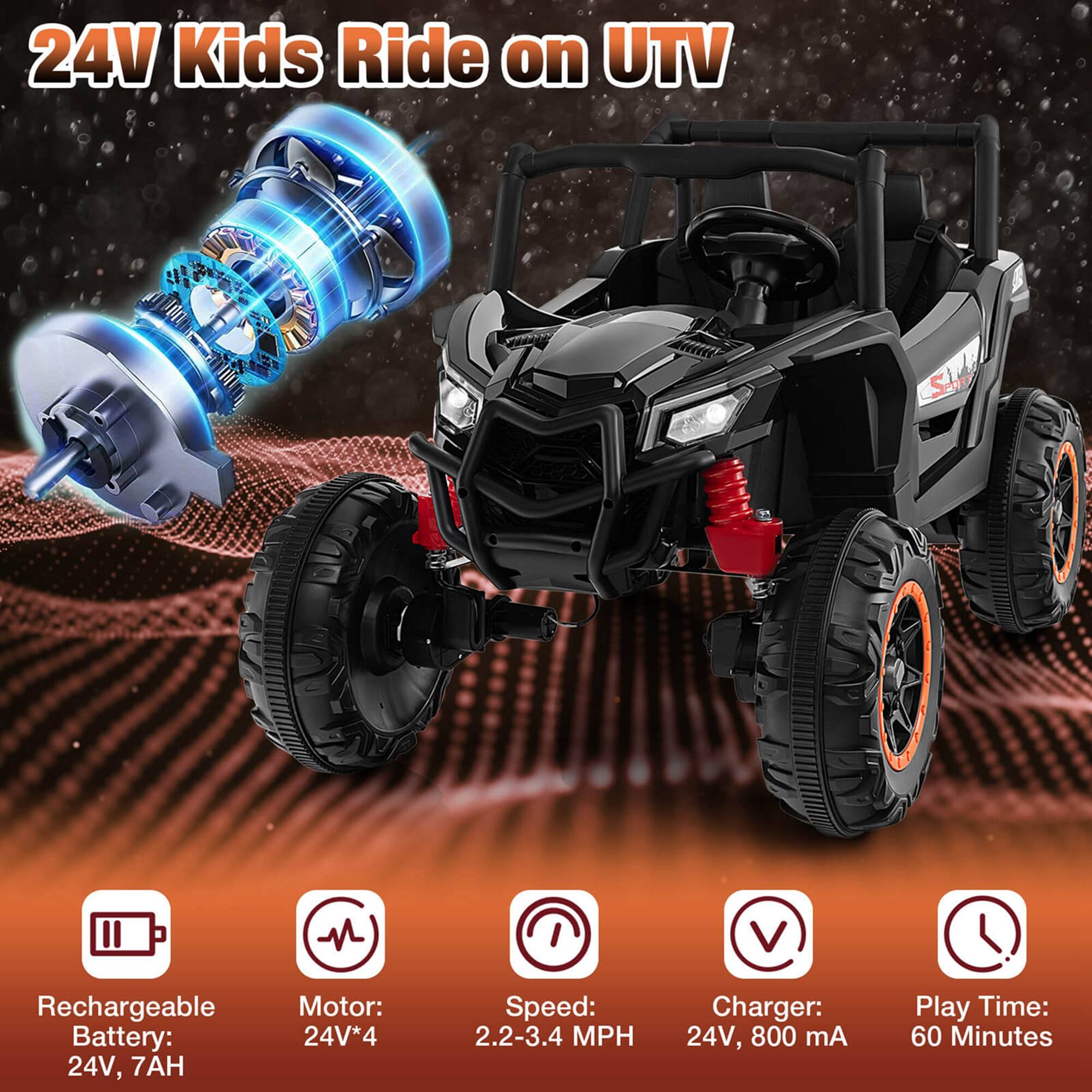 24V Kids Ride on UTV

- Rechargeable Battery: 24V, 7AH
- Motor: 24V*4
- Speed: 2.2-3.4 MPH
- Charger: 24V, 800 mA
- Play Time: 60 Minutes