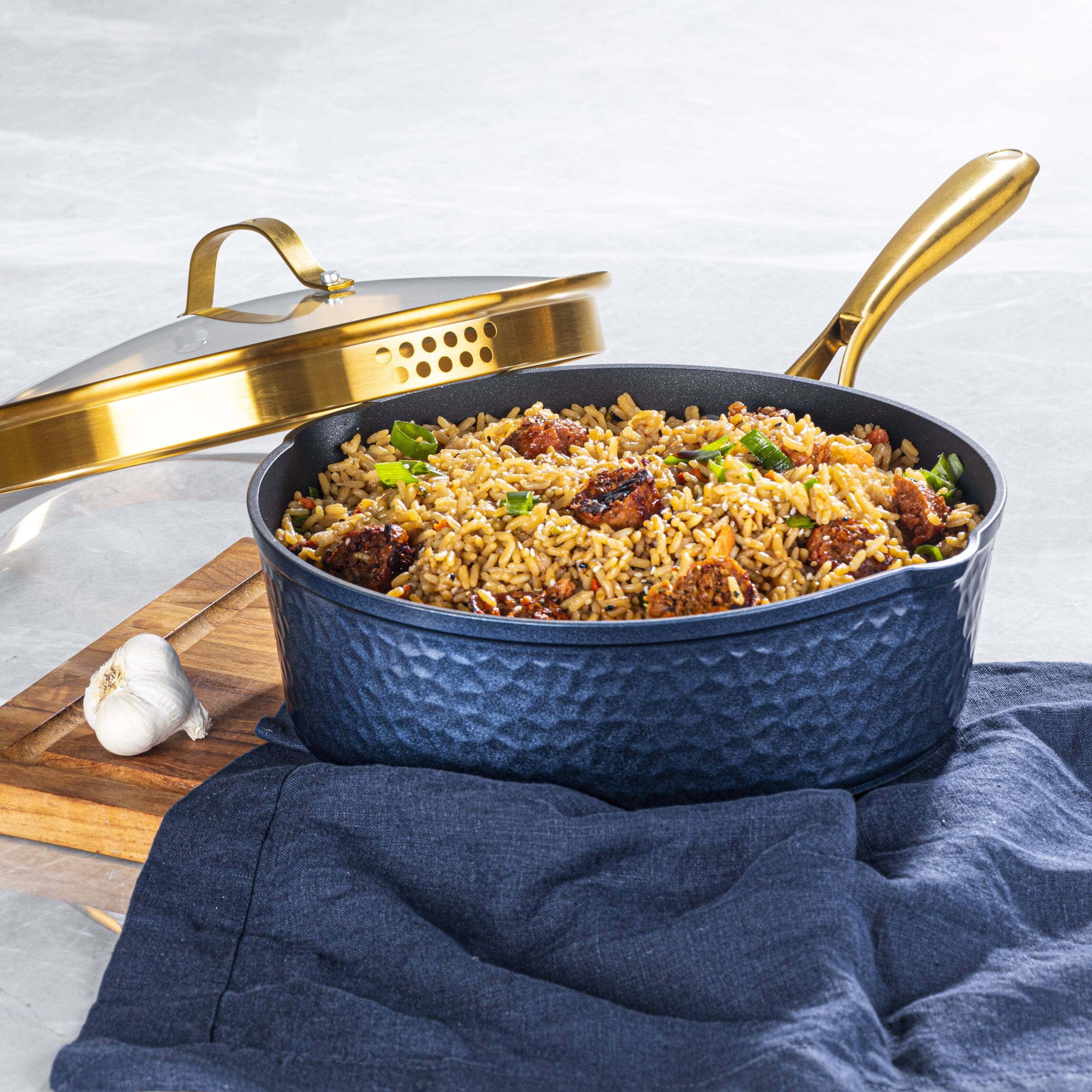 Alt View 5. Granitestone - Granitestone Charleston Collection Hammered Navy 4 Qt Deep Saute Nonstick Pan with Lid - Navy.