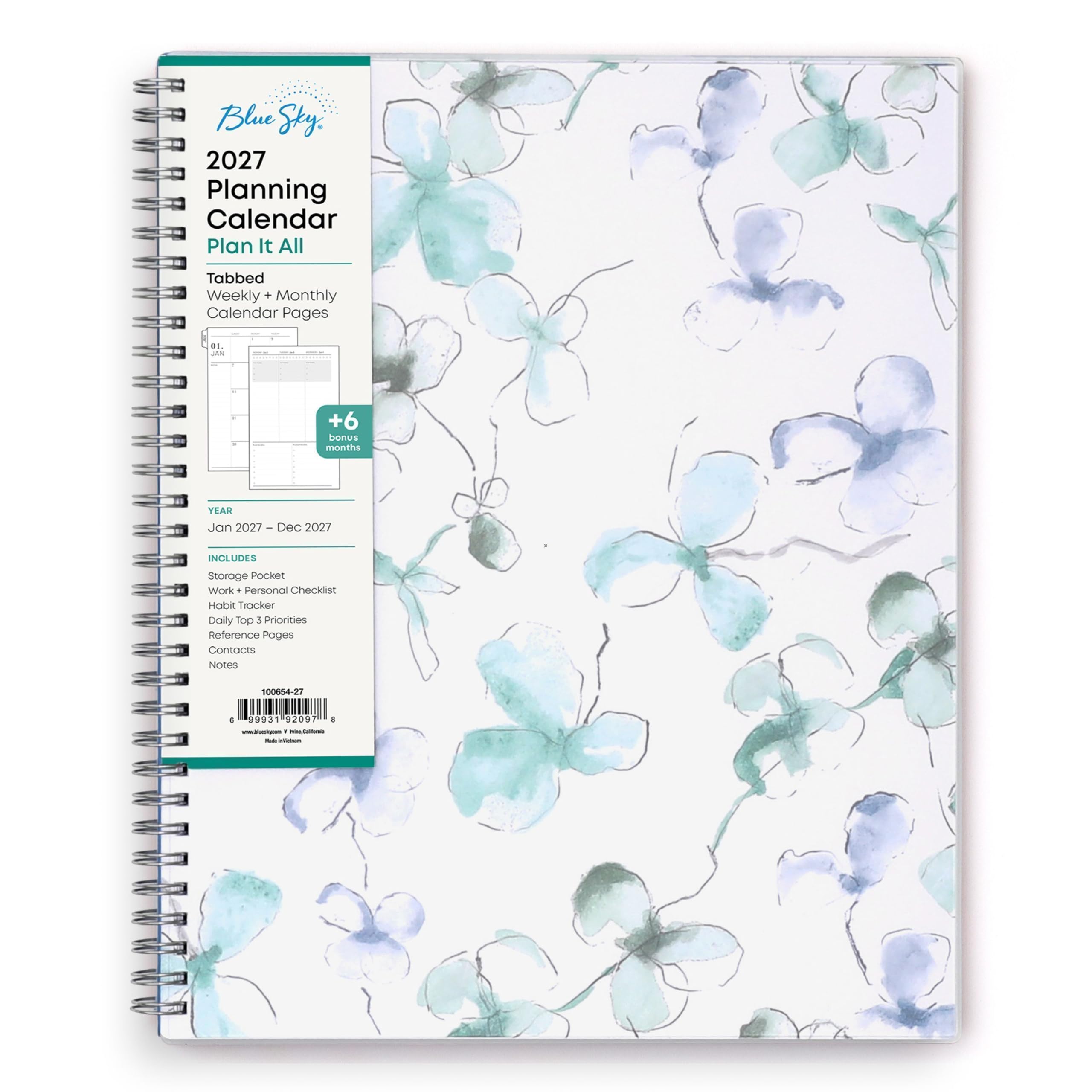 Blue Sky 2027 Planning Calendar Plan It All  
Tabbed Weekly + Monthly Calendar Pages  
+6 bonus months  
YEAR Jan 2027 – Dec 2027  
INCLUDES  
Storage Pocket  
Work + Personal Checklist  
Habit Tracker  
Daily Top 3 Priorities  
Reference Pages  
Contacts  
Notes  
100654-27  
9 99931 92097 8 www.blog.com  
Imine Callamia amedram