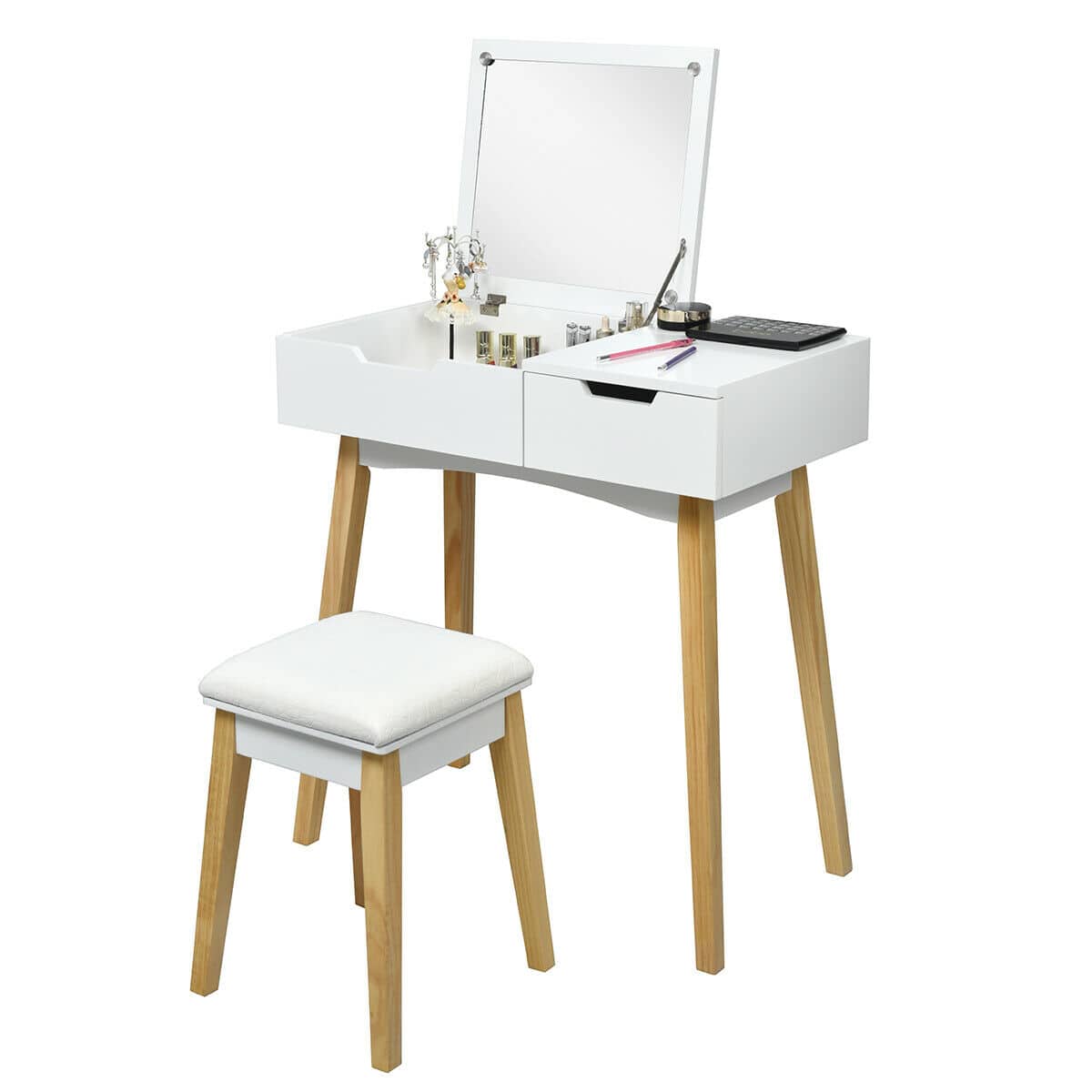 Front. Costway - Costway Vanity Makeup Table Cushioned Stool Set W/Flip Top Mirror &1 Drawer Writing Desk - White.