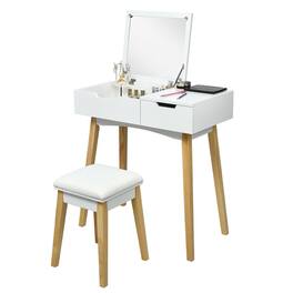 Costway - Vanity Makeup Table Cushioned Stool Set W/Flip Top Mirror &1 Drawer Writing Desk - White
