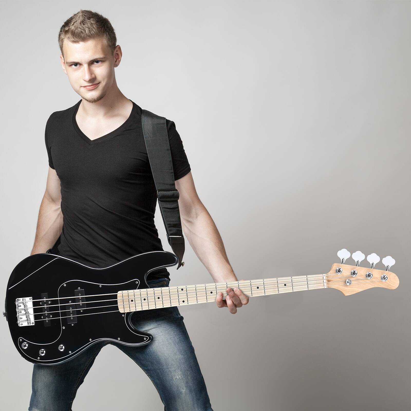 Angle. Winado - 4 String Electric Bass Guitar, Full Size Standard Right Handed Rosewood Fingerboard Beginner Kit with Cable Wrench Tool.