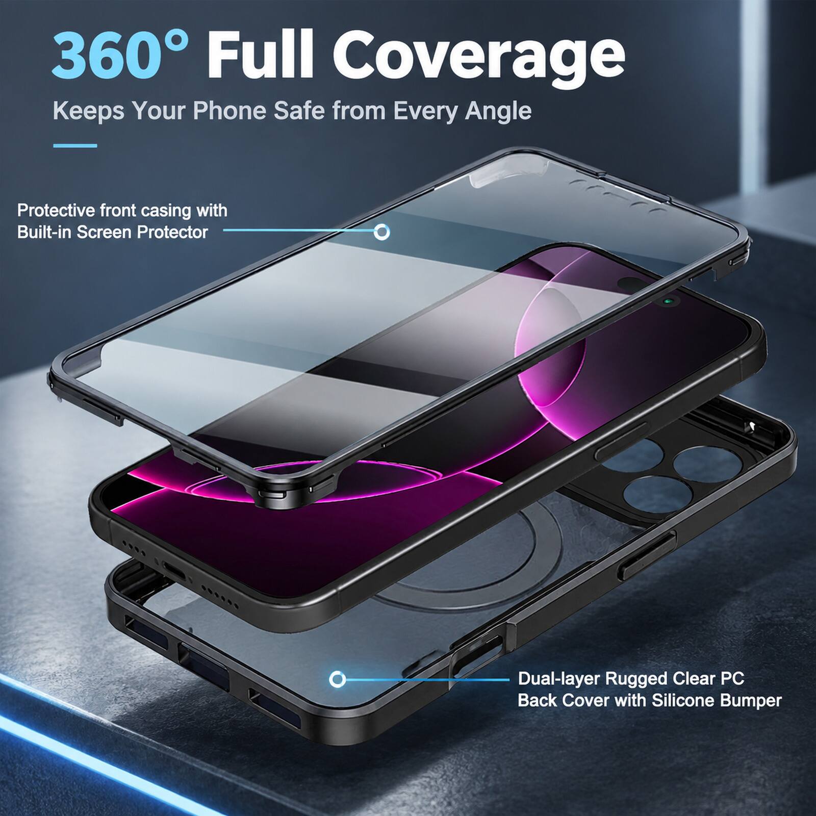 360° Full Coverage  
Keeps Your Phone Safe from Every Angle

Protective front casing with Built-in Screen Protector

Dual-layer Rugged Clear PC Back Cover with Silicone Bumper
