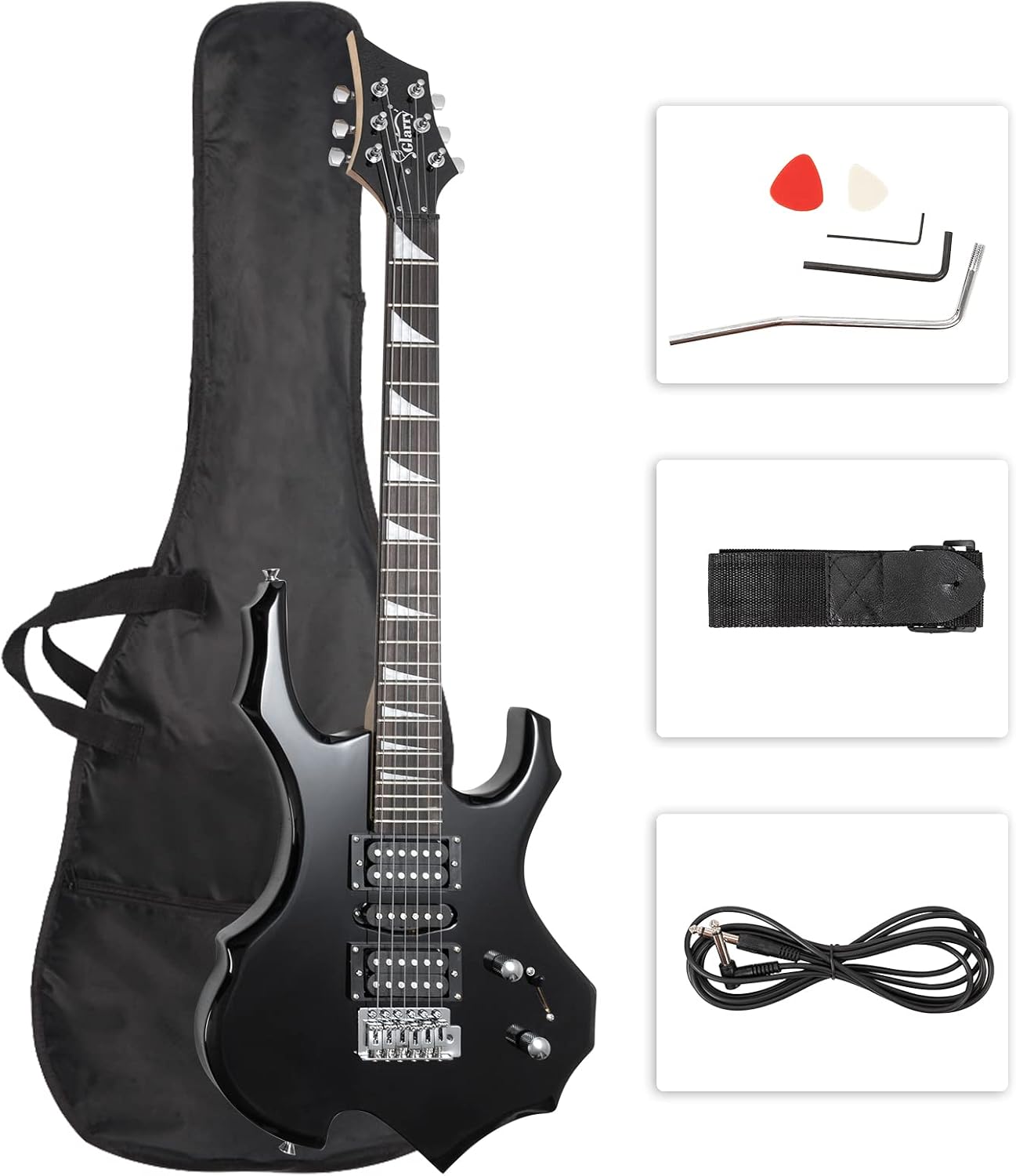 Front. Winado - Burning Fire Style Electric Guitar Christmas gift for Beginner Guitar Lover with Accessories Pack - Black.