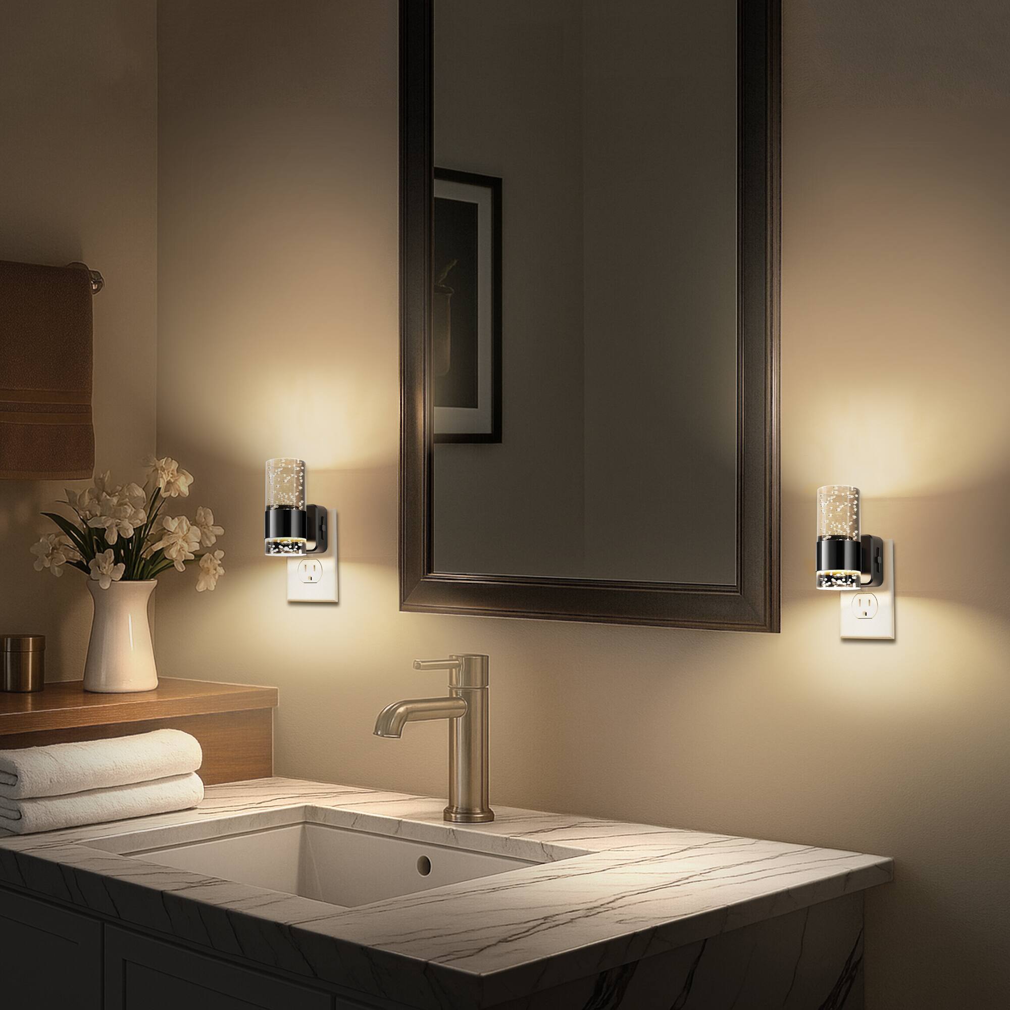 Back. Jandcase - JANDCASE 2-Pack 1W  Plug-in Night Light, 3000K Warm Glow, Bubble Acrylic Pillar, Up/Down Light - Black.