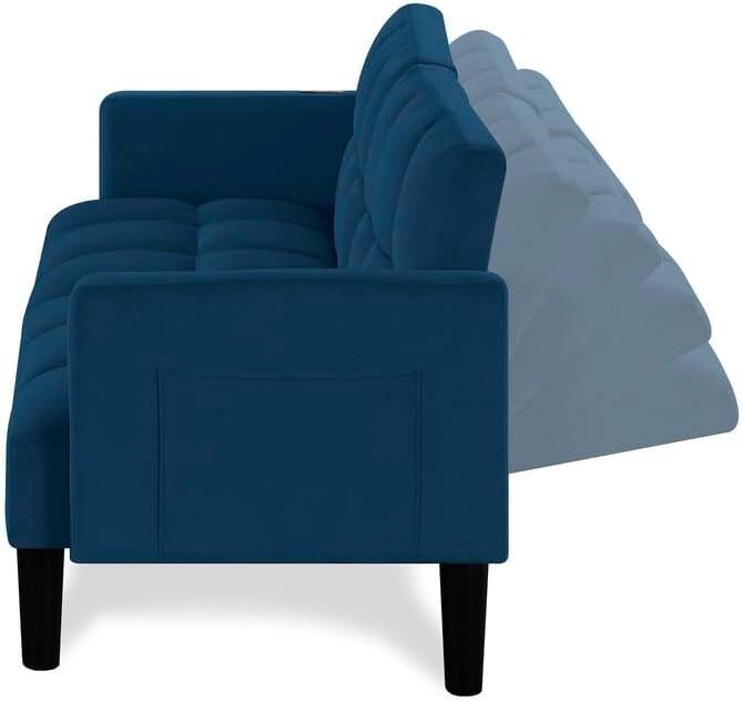 Alt View 5. Trinkets Crazed - Velvet Futon Couch Convertible Folding Sofa Bed Tufted Couch for Apartment  - blue.