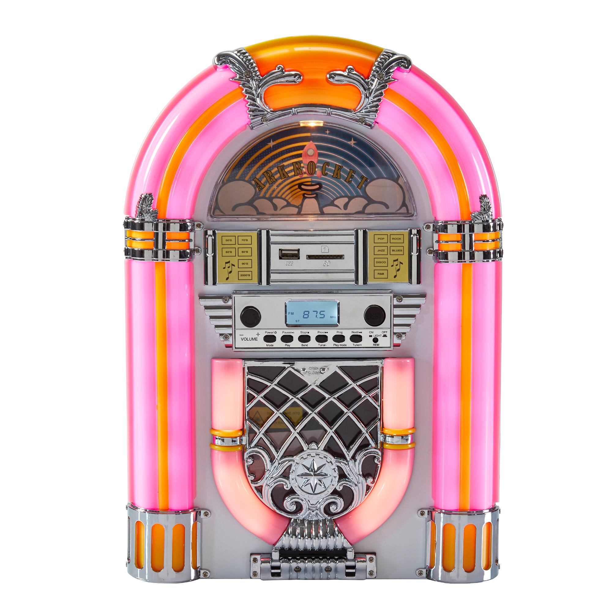 Angle. Arkrocket - Arkrocket Athena Mini Jukebox / Tabletop CD Player / Bluetooth Speaker (Pink/White) - Pink White.