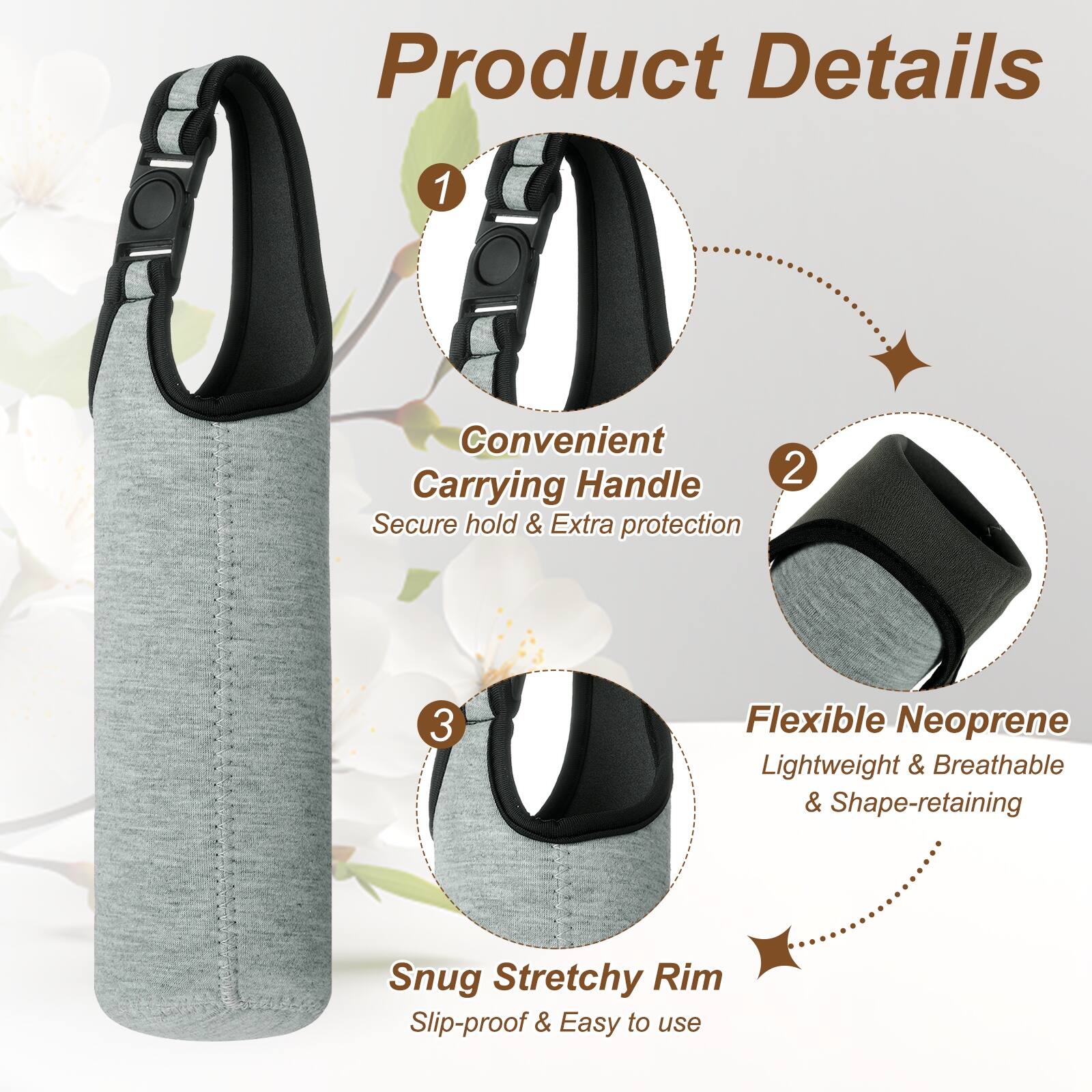 Product Details

1. Convenient Carrying Handle
   - Secure hold & Extra protection

2. Flexible Neoprene
   - Lightweight & Breathable & Shape-retaining

3. Snug Stretchy Rim
   - Slip-proof & Easy to use