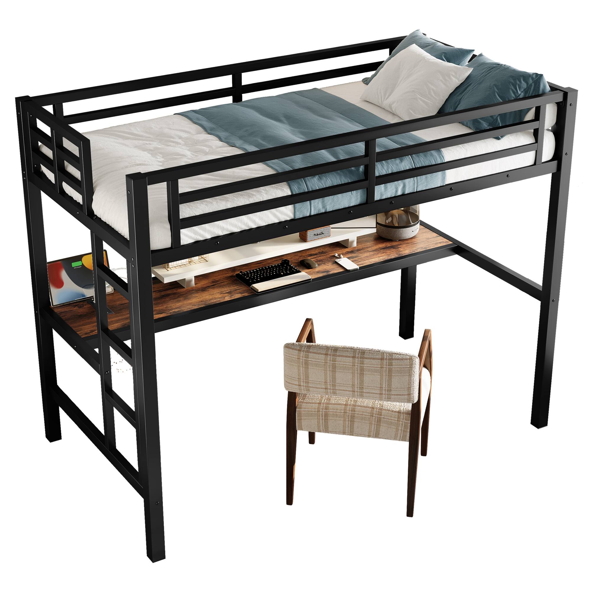 Alt View 1. GOODSILO - Space-Saving Twin Loft Bed with Built-In Desk, USB Power Outlet, and Customizable LED Lighting - Black.