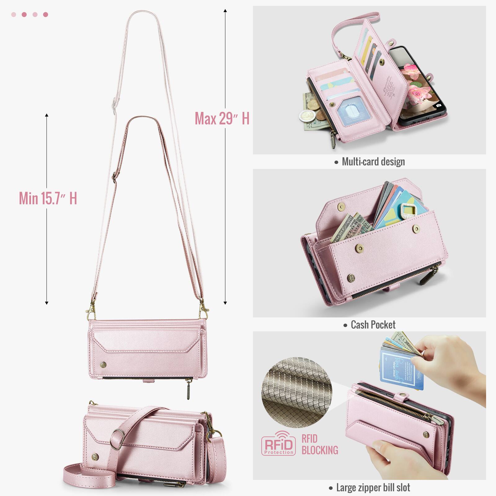 Max 29" H  
Min 15.7" H  
Multi-card design  
Cash Pocket  
RFID Protection  
RFID BLOCKING  
Large zipper bill slot