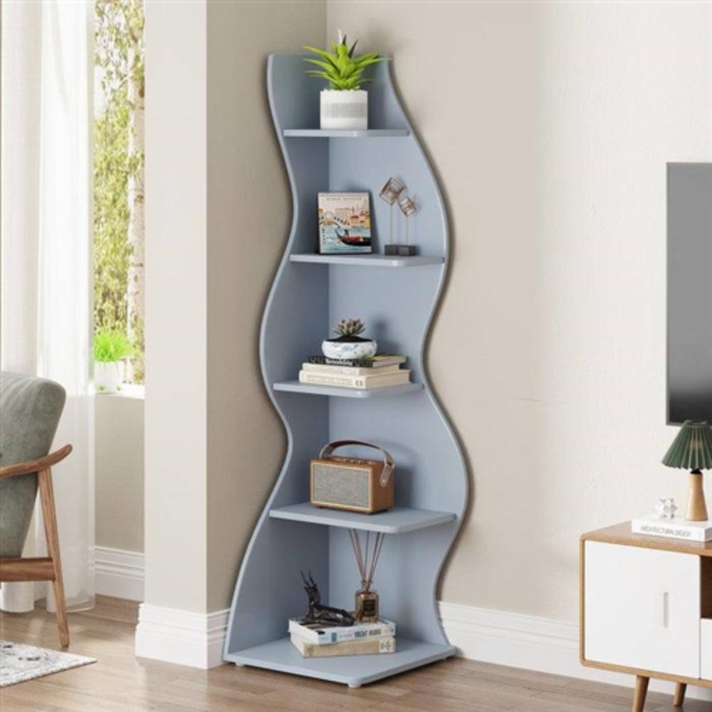 Angle. Hivvago - Modern Whimsical 5 Shelf Corner Bookcase Stand Blue Wood Finish - Blue.