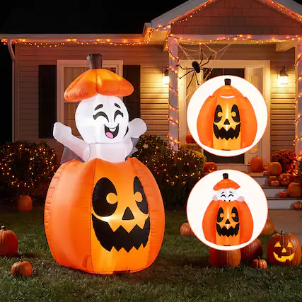 Front. Costway - Costway 5 FT Animated Halloween Inflatable Pumpkin & Rising Ghost with Built-in LED Lights - Orange + White.