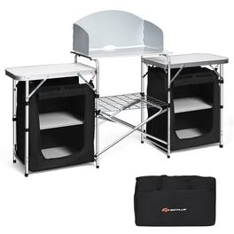 Costway - Folding Portable Aluminum Camping Grill Table w/ Storage Organizer Windscreen - Black