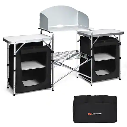 Front. Costway - Folding Portable Aluminum Camping Grill Table w/ Storage Organizer Windscreen Black - Black.