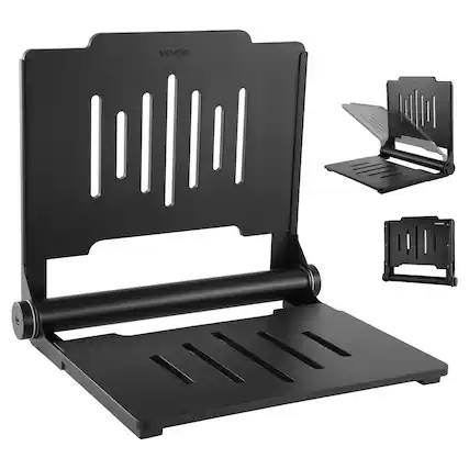 Front. VEVOR - Foldable Shower Seat Wall Mounted, 17.8" Folding Shower Bench with Supportive Backrest, Plastic Fold-Down Bathroom - Matte Black.