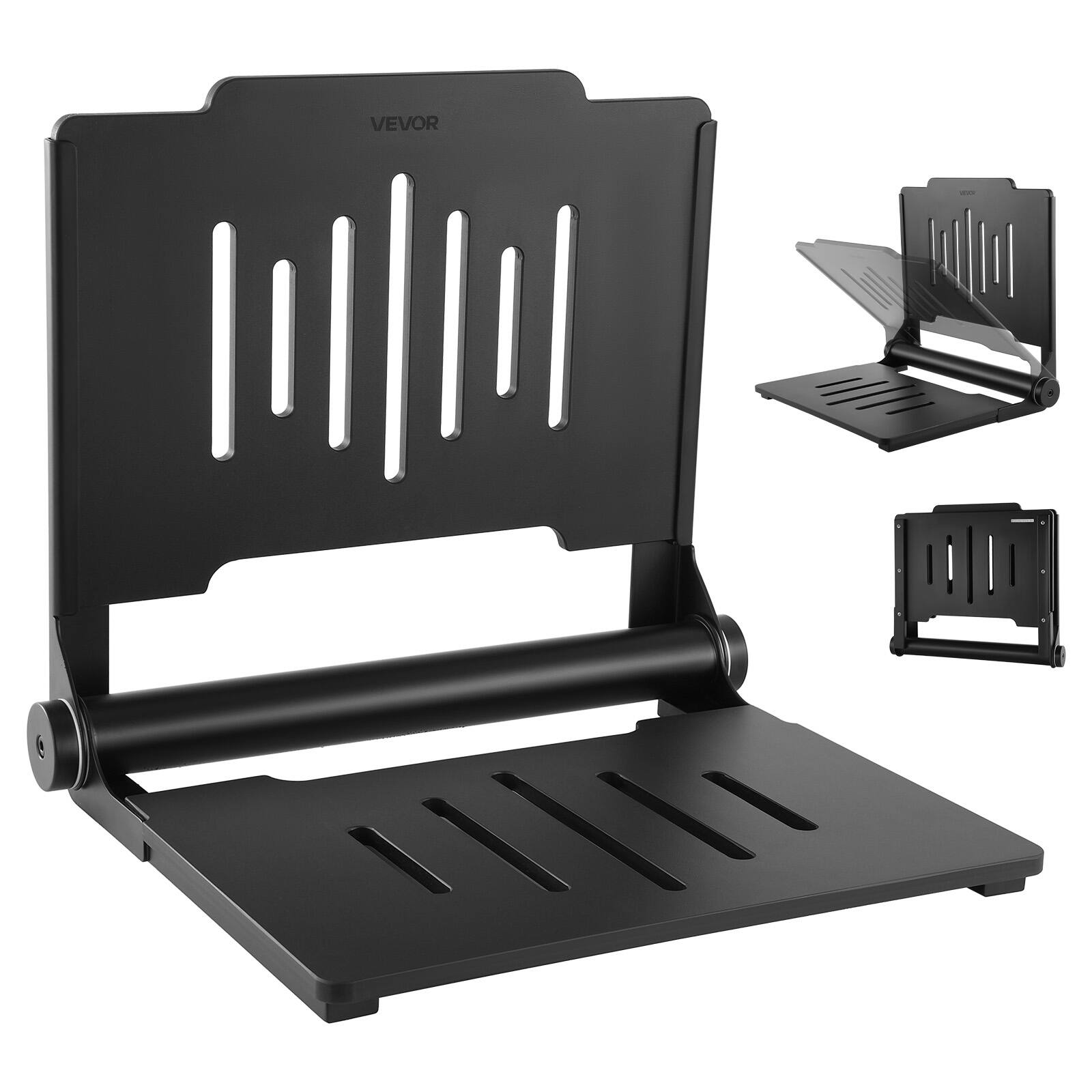 Front. VEVOR - Foldable Shower Seat Wall Mounted, 17.8" Folding Shower Bench with Supportive Backrest, Plastic Fold-Down Bathroom - Matte Black.