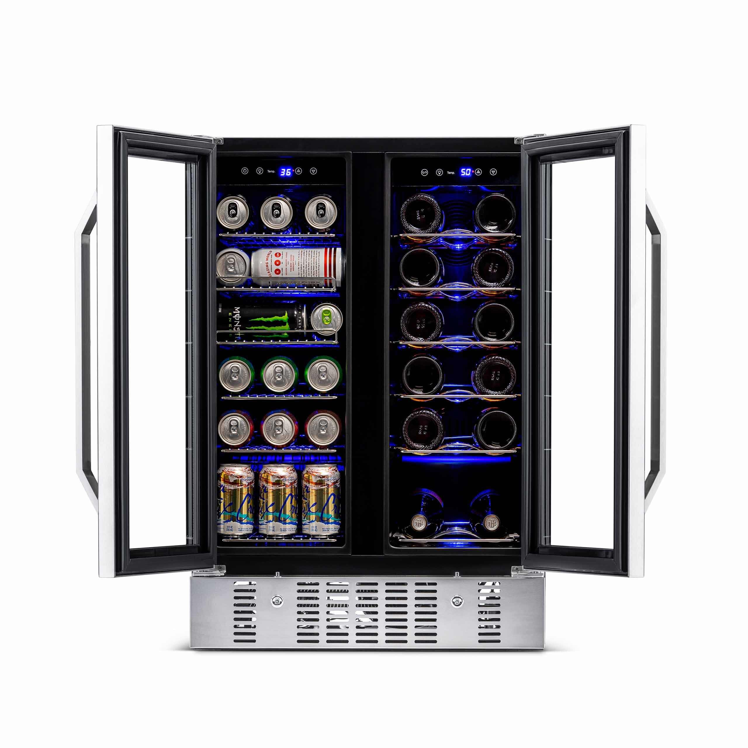 The image shows a refrigerator with a blue light inside, containing a variety of different beverages. There are multiple cans of soda and beer, including a six-pack of beer. The refrigerator is filled with a variety of drinks, making it a convenient option for those looking to grab a cold beverage.
