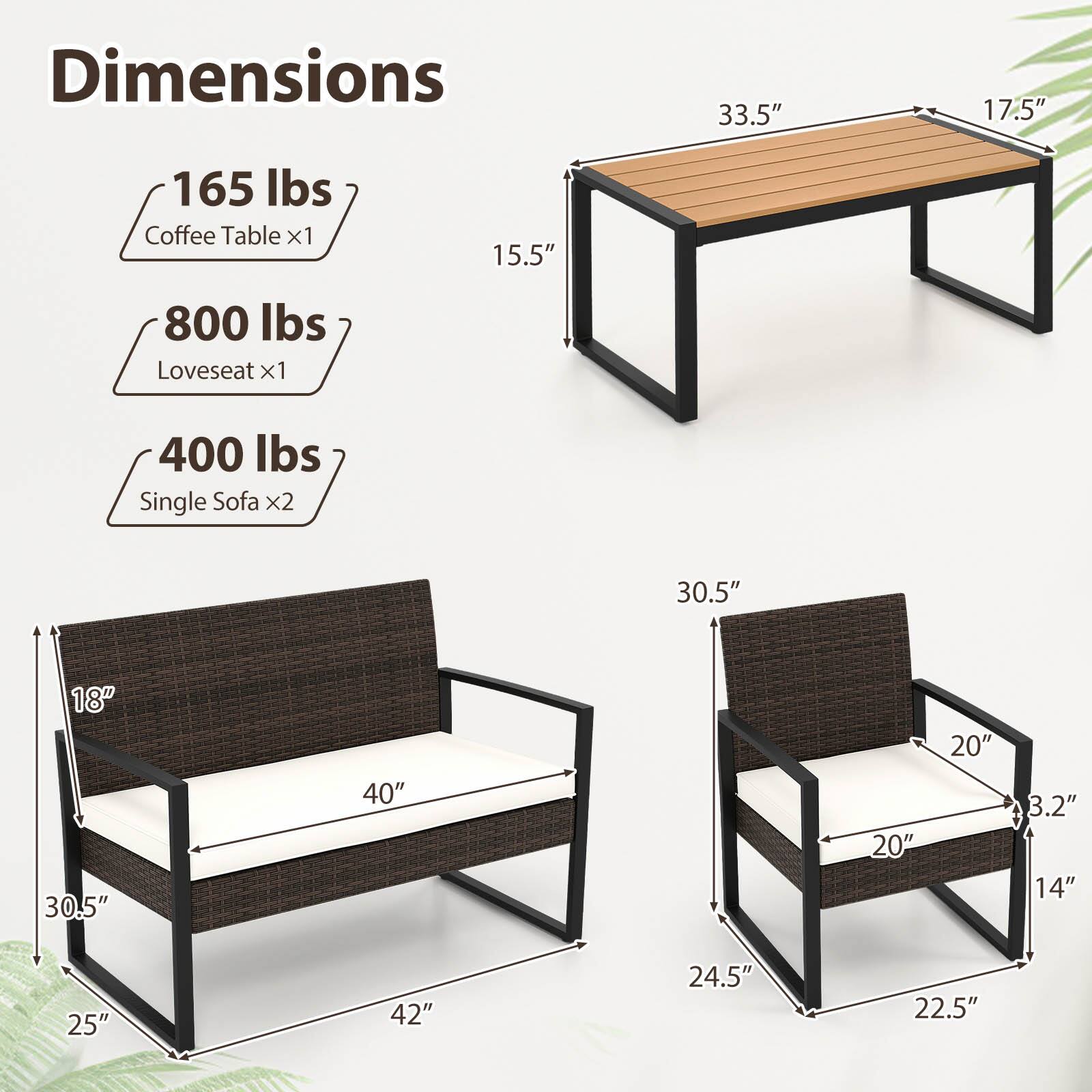 Dimensions

- Coffee Table x1
  - 165 lbs
  - 33.5" x 17.5" x 15.5"

- Loveseat x1
  - 800 lbs
  - 30.5" x 40" x 25" x 42" x 24.5"

- Single Sofa x2
  - 400 lbs
  - 20" x 20" x 14" x 3.2" x 22.5"