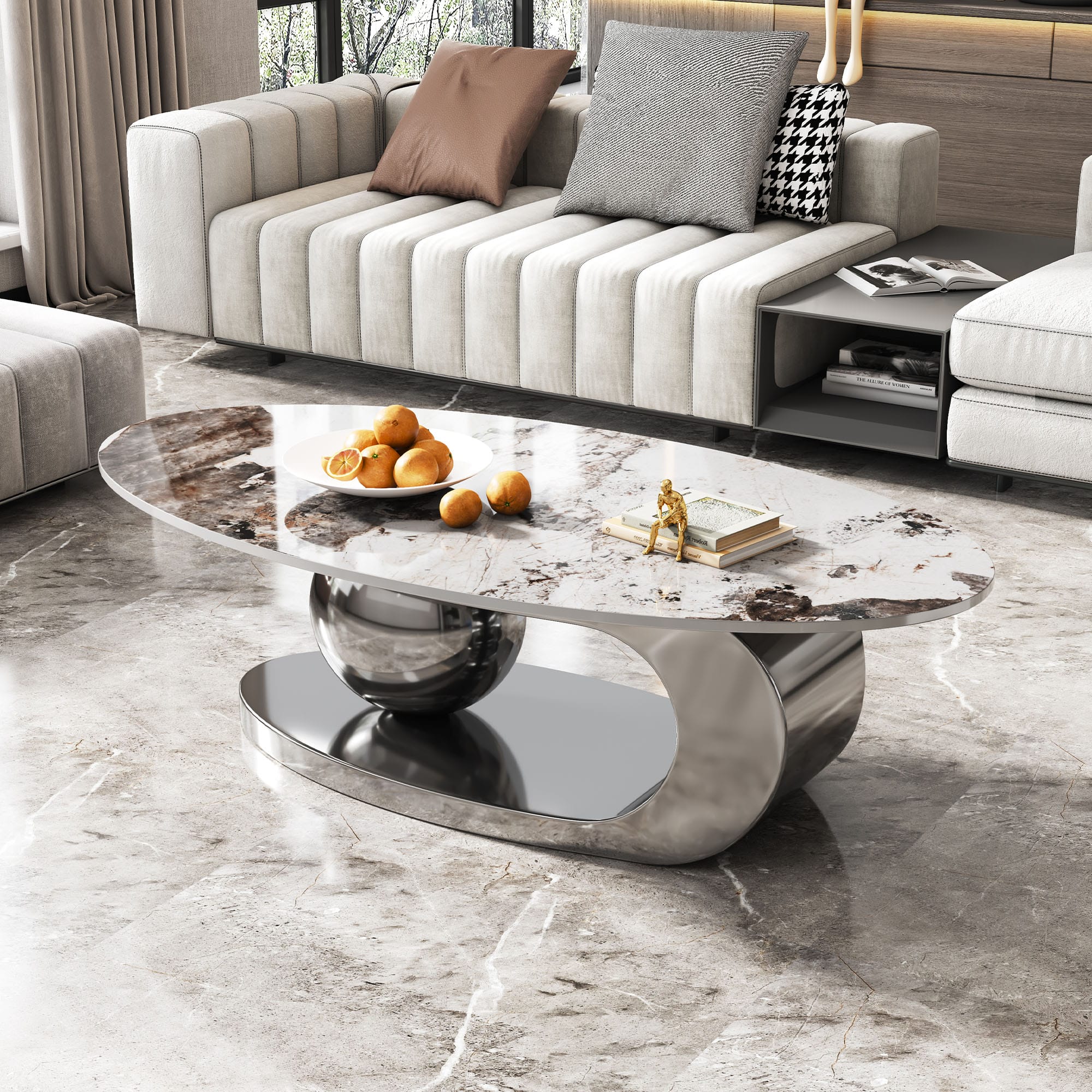 Tiramisubest - 49.2 Inches Oval Faux Marble Coffee Table for Living Room with Stainless Steel Base - Gray,White+Multi