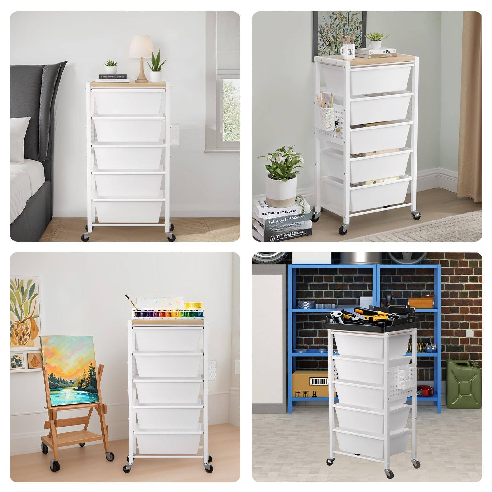 Alt View 3. JETRANSPORT - Rolling Cart With 5 Drawers Plastic Drawer Storage Carts Wheels & Wooden Tabletop Metal Utility - Dark Brown 3-Drawer.