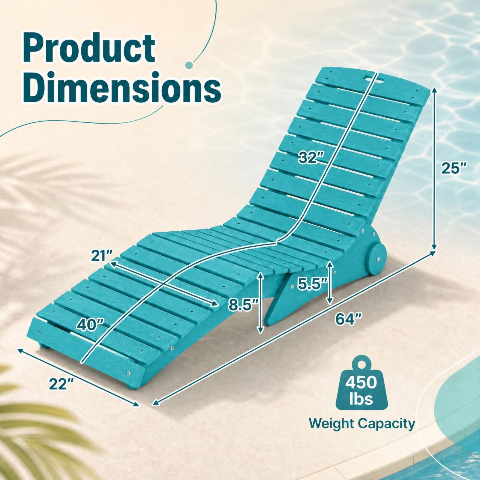 Product Dimensions
32"
25"
21"
40"
8.5"
5.5"
64"
22"
450 lbs Weight Capacity