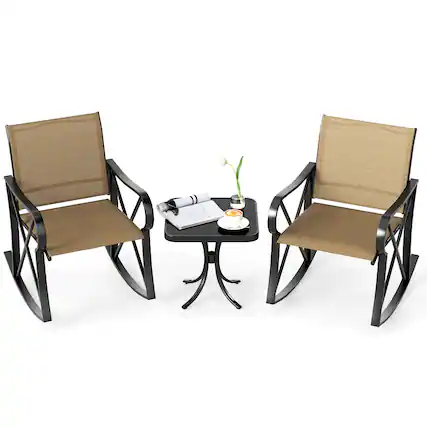 Front. Gymax - Gymax 3 Piece Patio Rocking Set 2 Rocking Chairs w/ Tempered Glass Side Table Brown - Brown.