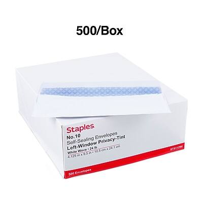 500/Box Staples No.10 Envelopes Self-Sealing Left-Window Privacy-Tint Wove 12.5 cm x 9.5 in (24.1 cm x 24 cm) 500 Envelopes