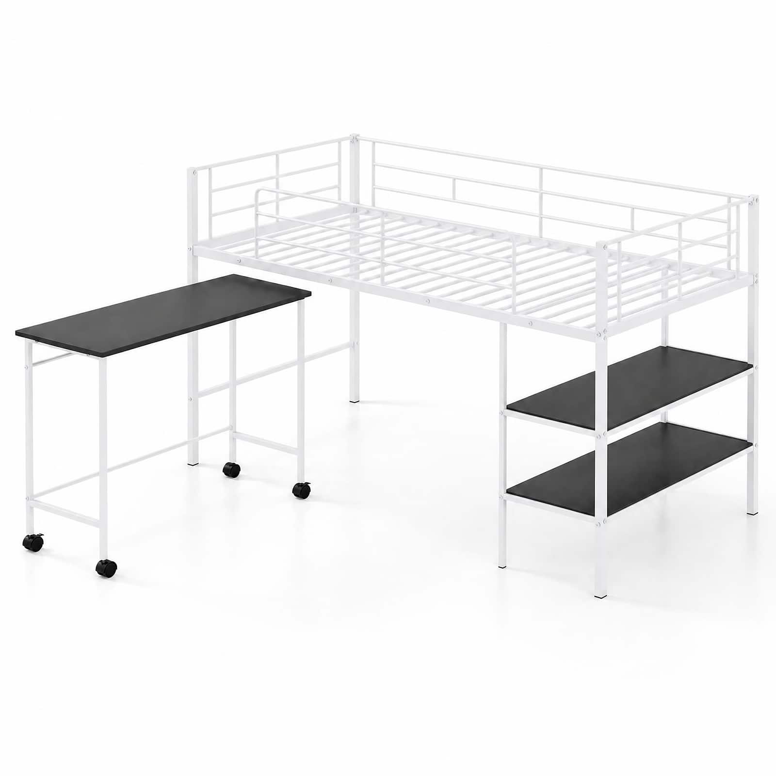 Costway - Twin Size Loft Bed with Rolling Desk & Bookshelf, Metal Slats for Bedroom Dormitory - White