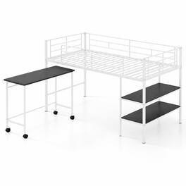 Costway - Twin Size Loft Bed with Rolling Desk & Bookshelf, Metal Slats for Bedroom Dormitory - White