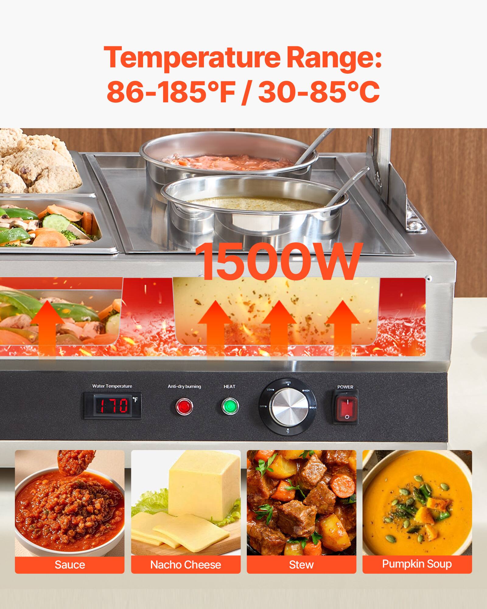 Temperature Range: 86-185°F / 30-85°C

1500W

Water Temperature: 170°F

Anti-dry burning

HEAT

POWER

Sauce

Nacho Cheese

Stew

Pumpkin Soup
