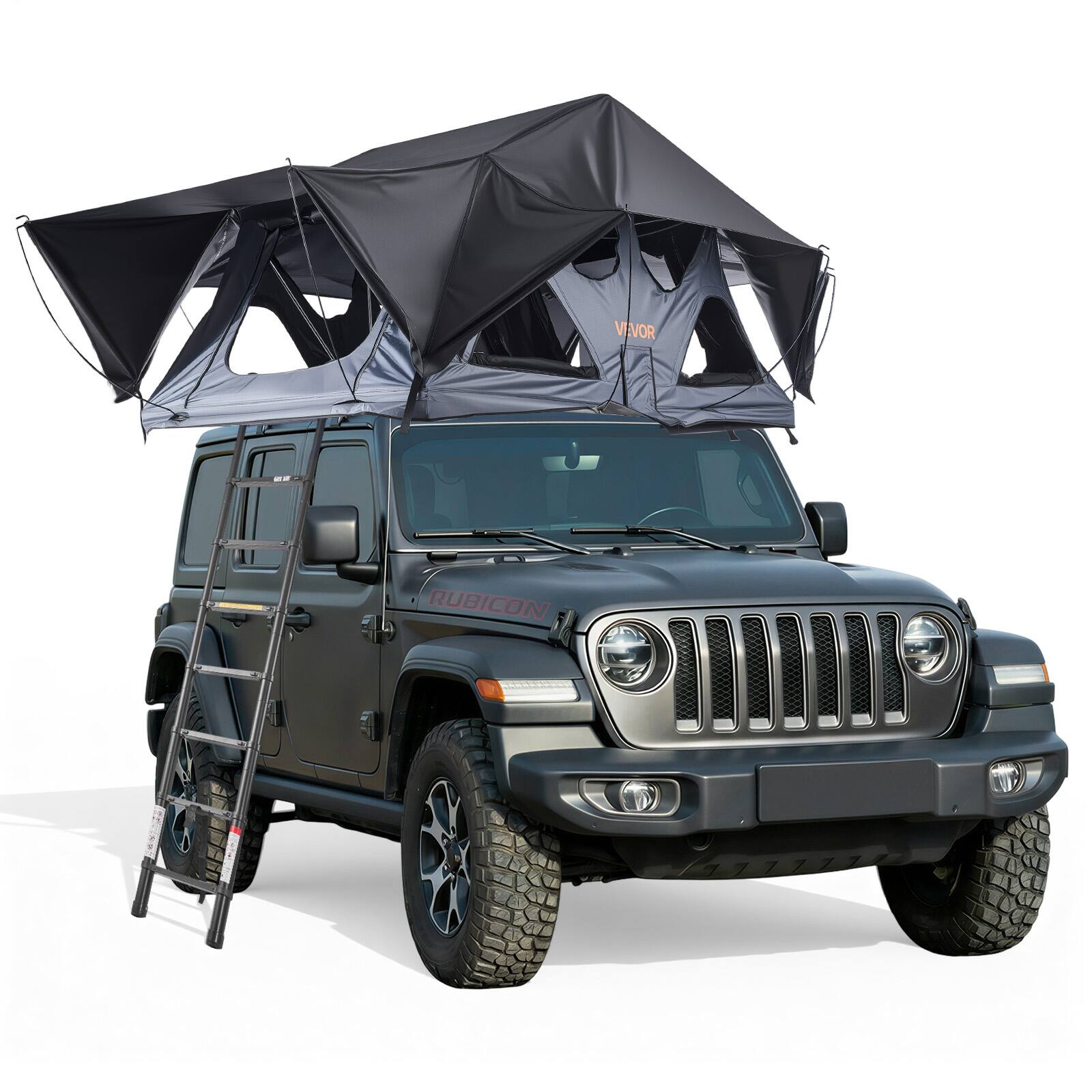 VEVOR - Rooftop Tent, 2-3 Person Foldable Aluminum Roof Top Tent with Tri-Color LED Light, Thick Mattress & 10 Windows - Blaxk+Gray