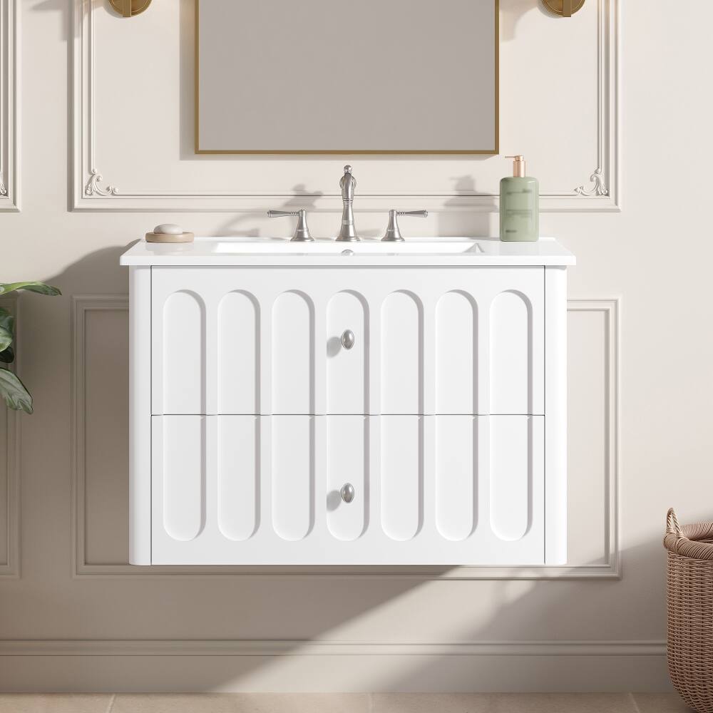 Left. Loheer - Loheer 30 inch floating bathroom vanity White Wall Mounted Cabinet with Ceramic Sink - White.