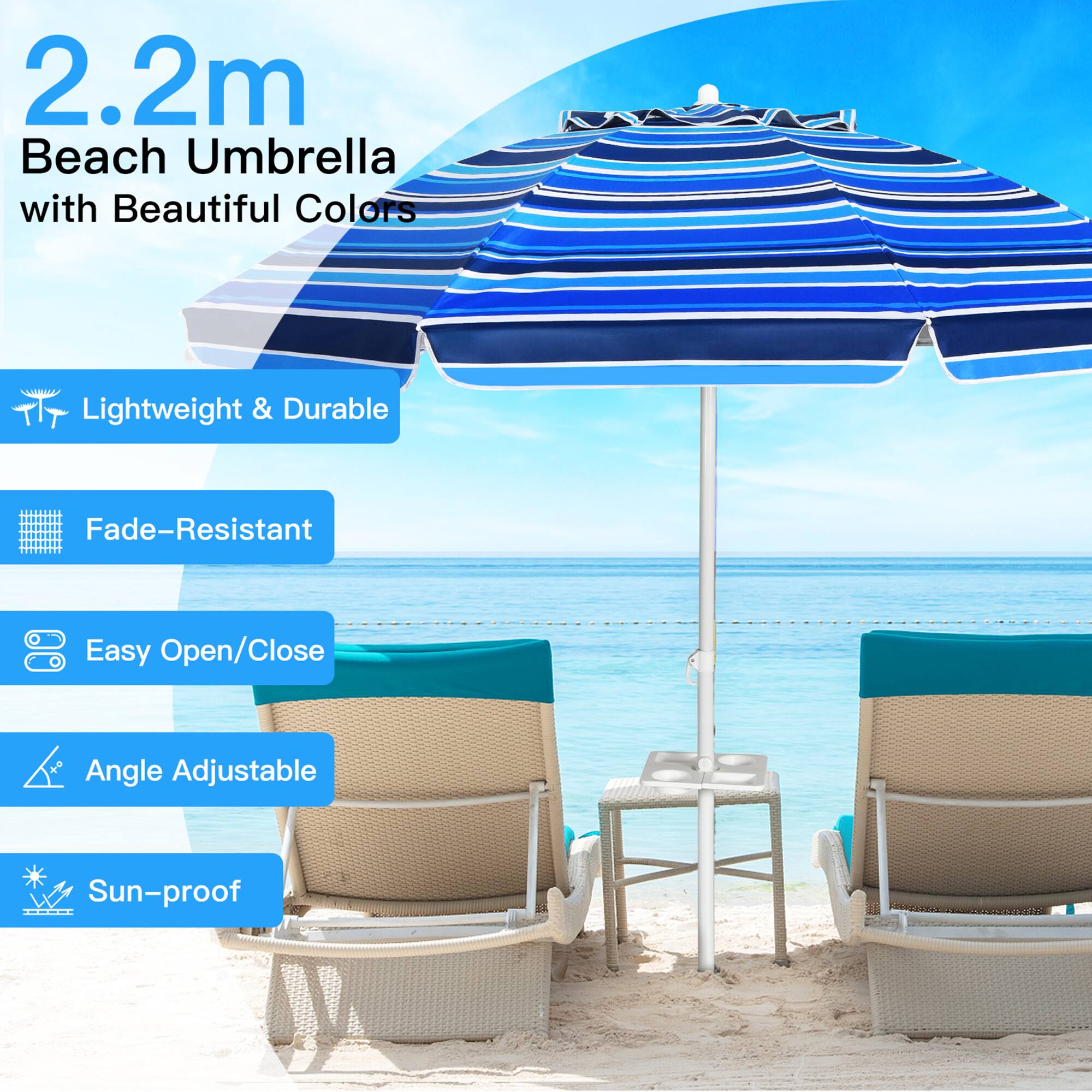 2.2m Beach Umbrella with Beautiful Colors

- Lightweight & Durable
- Fade-Resistant
- Easy Open/Close
- Angle Adjustable
- Sun-proof