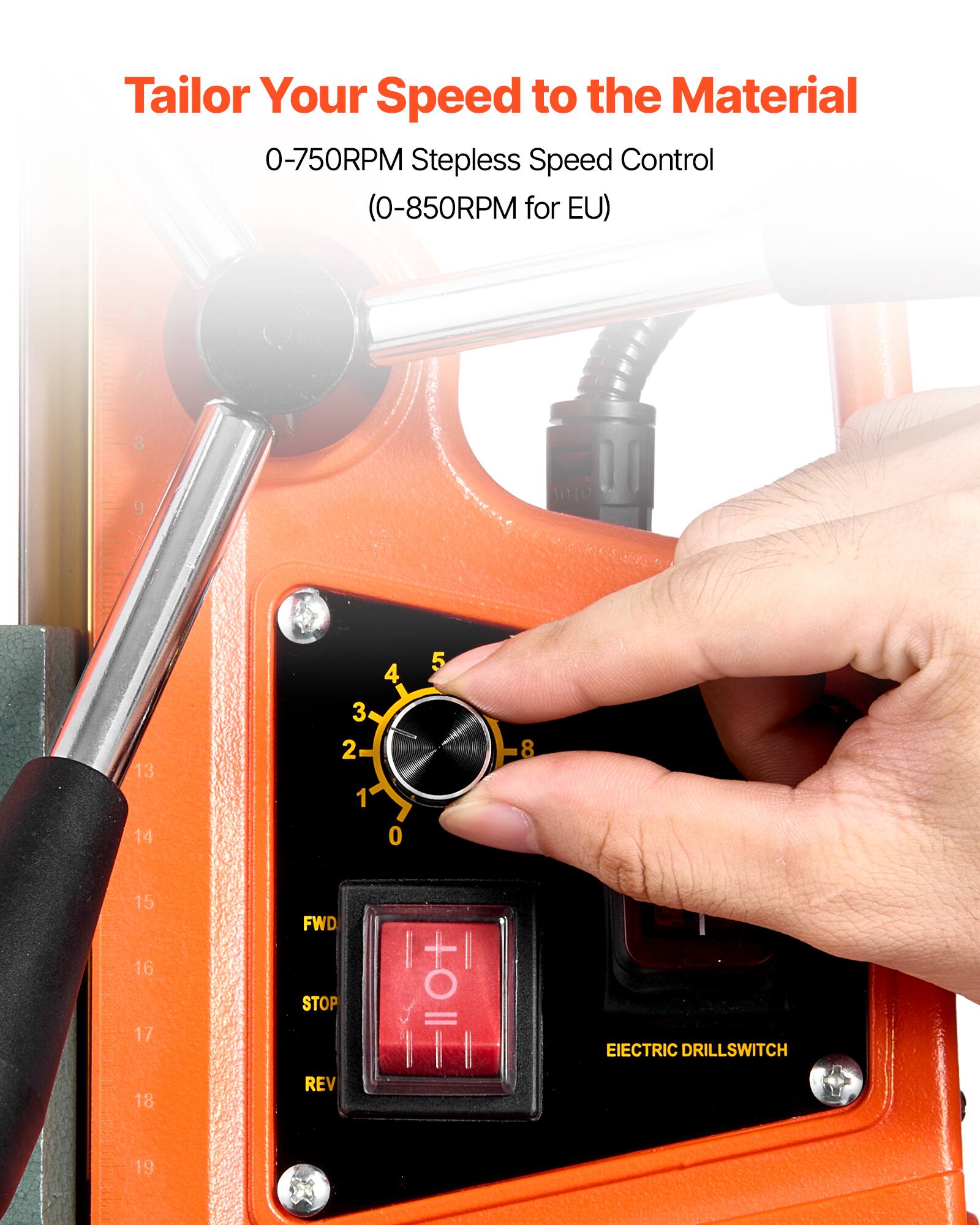 Tailor Your Speed to the Material  
0-750RPM Stepless Speed Control (0-850RPM for EU)  

6  
7  
8  
9  
13 14  
3 2 1  
4 0  
5  
8  
15  
FWD  
16  
17  
STOP  
=  
EIECTRIC DRILLSWITCH  
18  
REV  
19