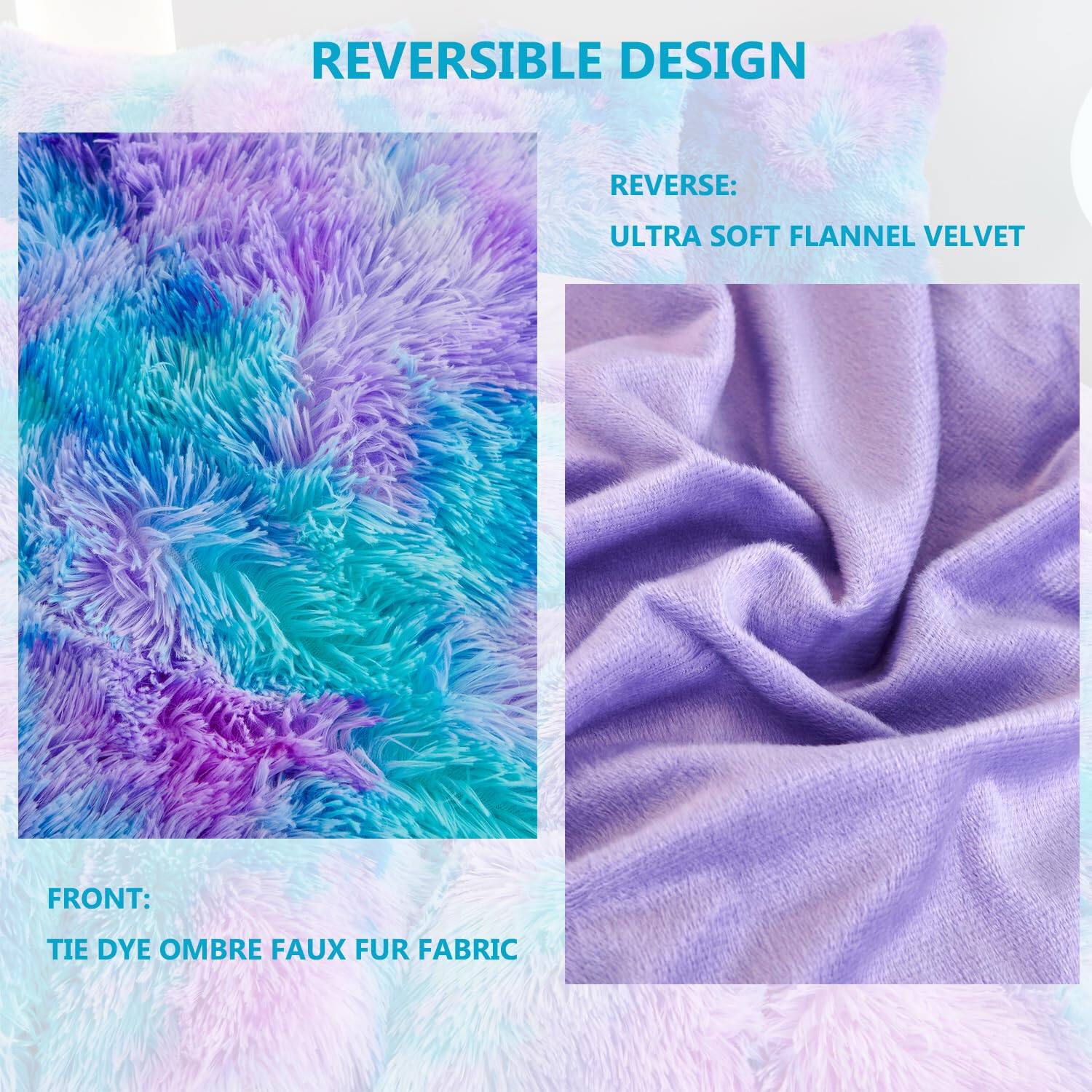 REVERSIBLE DESIGN

REVERSE:  
ULTRA SOFT FLANNEL VELVET

FRONT:  
TIE DYE OMBRE FAUX FUR FABRIC