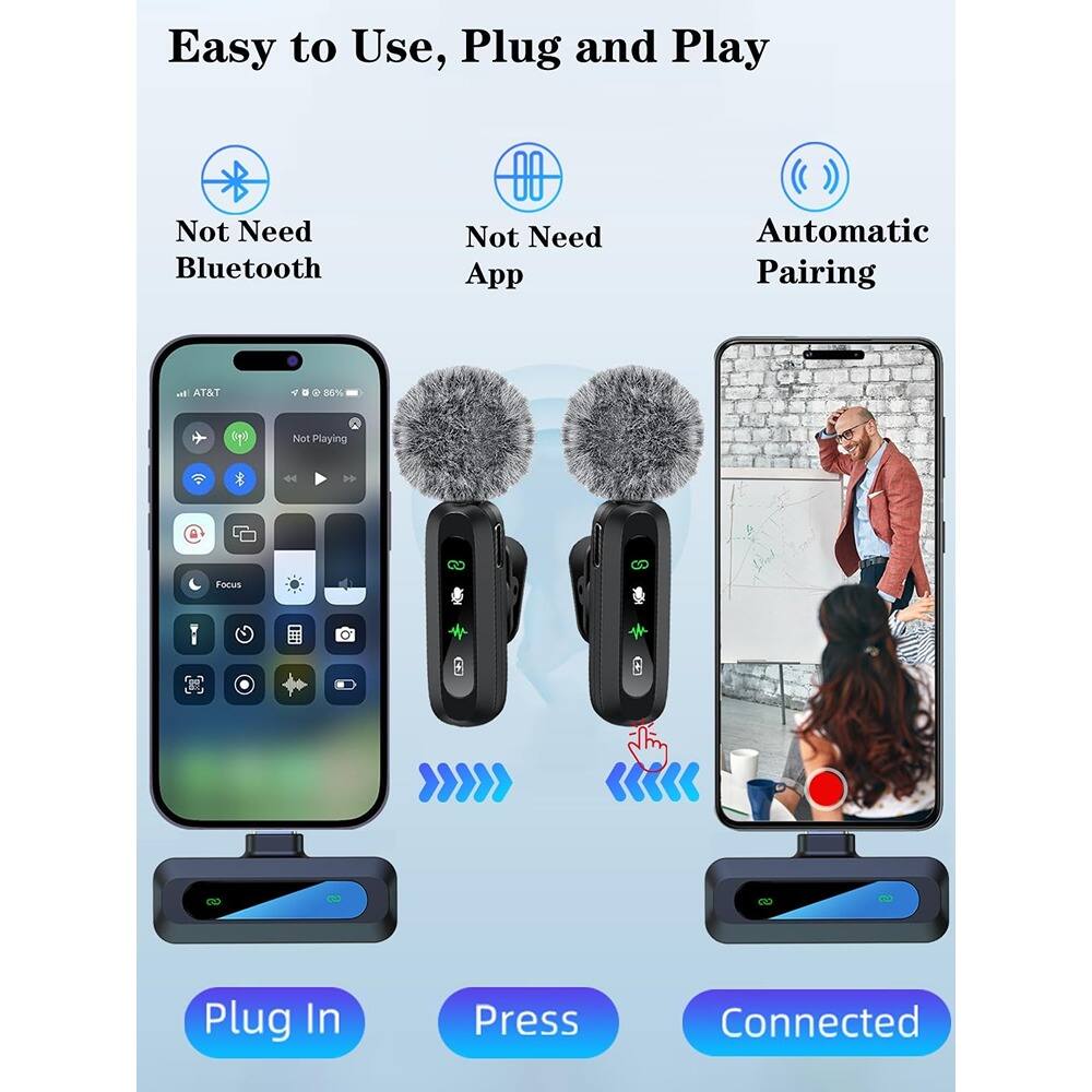 Left. MOSZAR LLC - Wireless Lavalier Mic 2-Pack – Noise Reduction, Plug & Play for iPhone/Android (USB-C + Lightning) - Black.