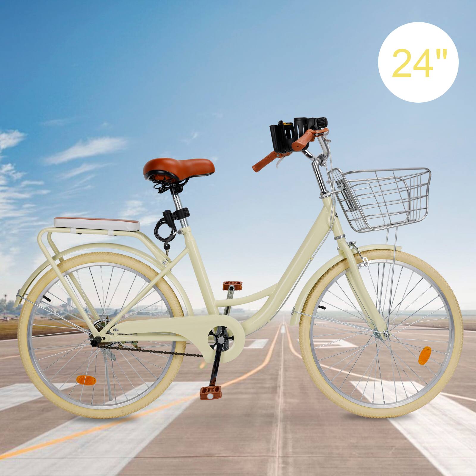 Alt View 5. Topteng - 24" Beach Cruiser Bike for Men/Women with Cup Holder, High Carbon Steel Frame, Dual Brakes, Rear Rack and Basket, Yellow - Yellow.