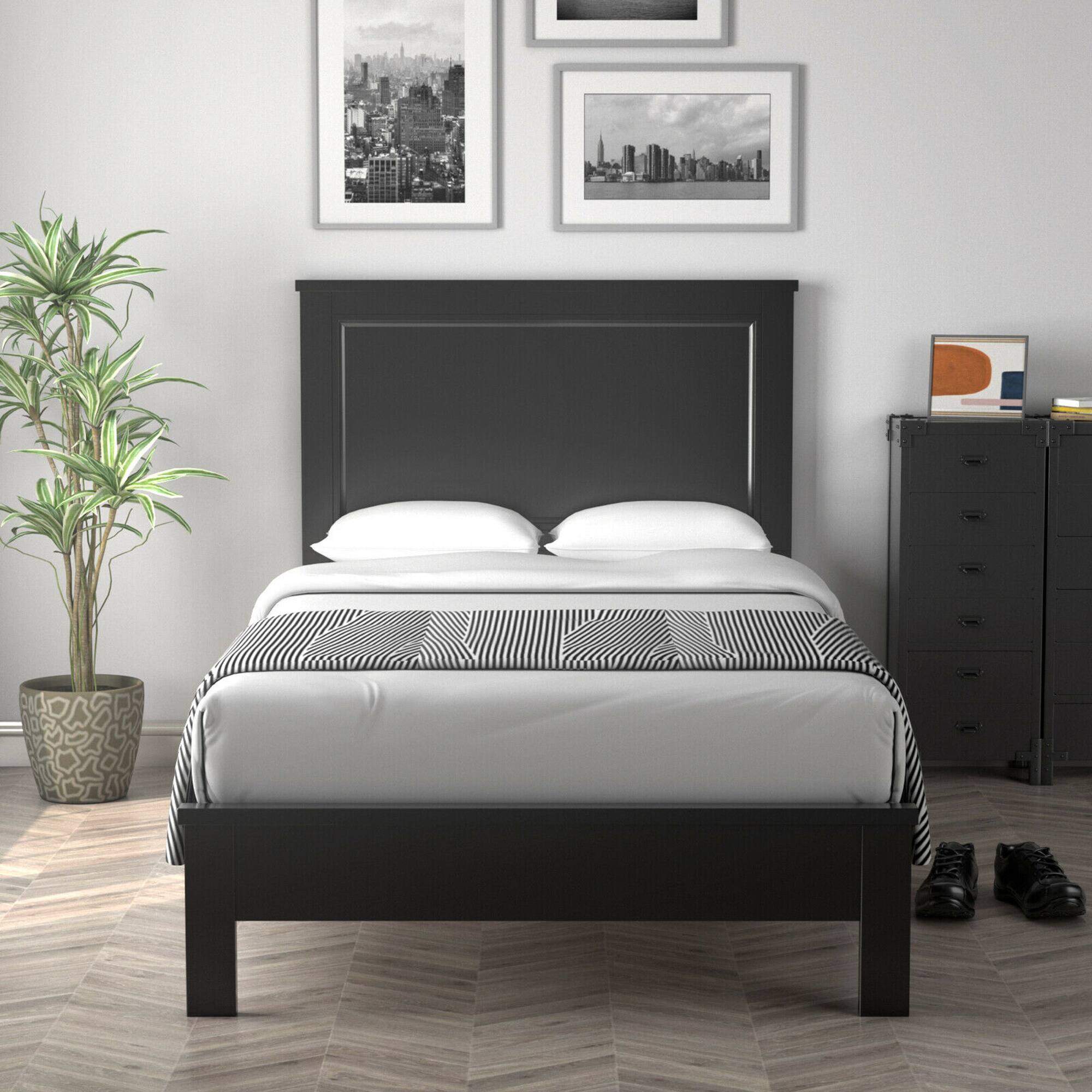 Alt View 3. Gymax - Gymax Twin Size Bed Frame Platform Slat High Headboard Bedroom Rubber Wood Leg Black - Black.