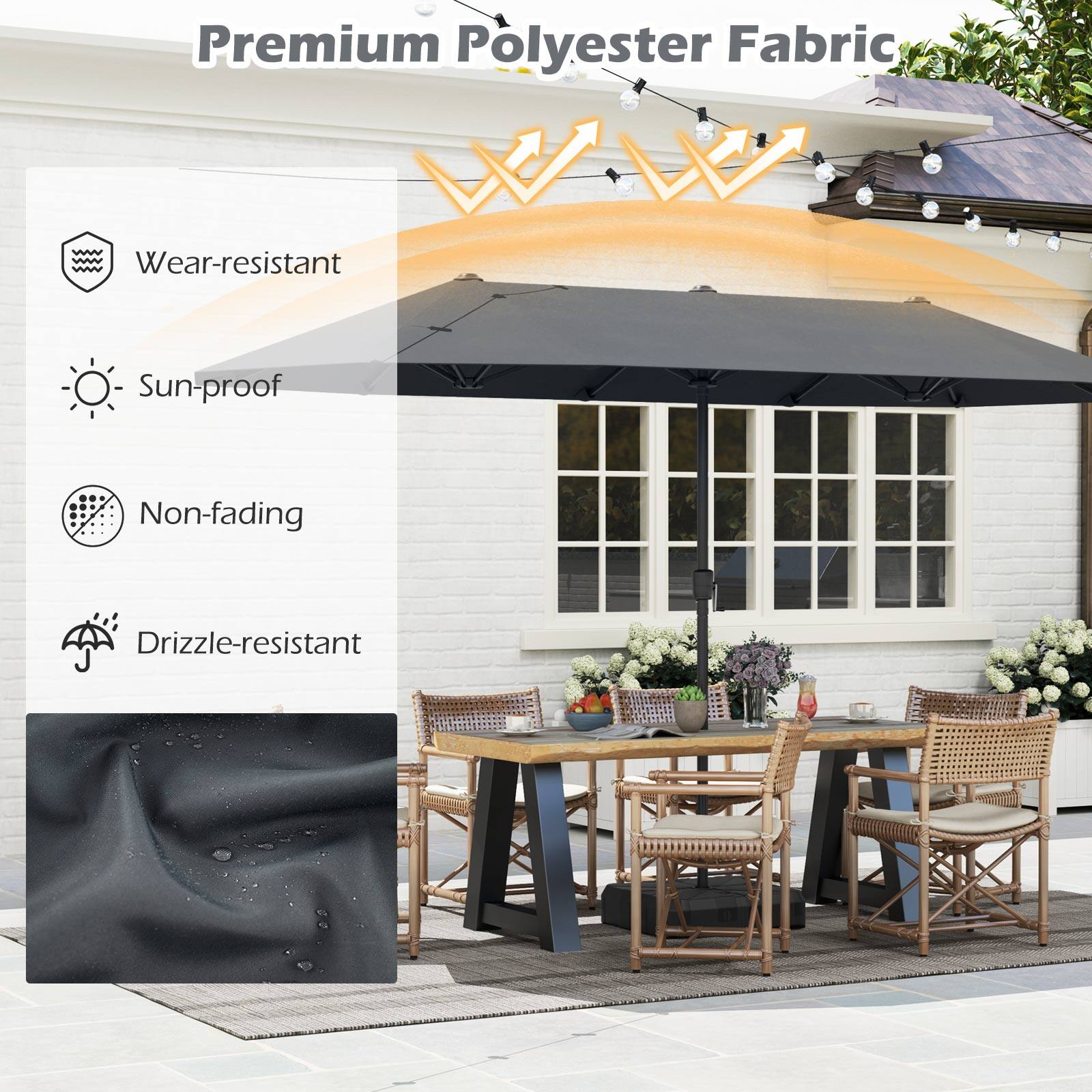Premium Polyester Fabric
Wear-resistant
Sun-proof
Non-fading
Drizzle-resistant