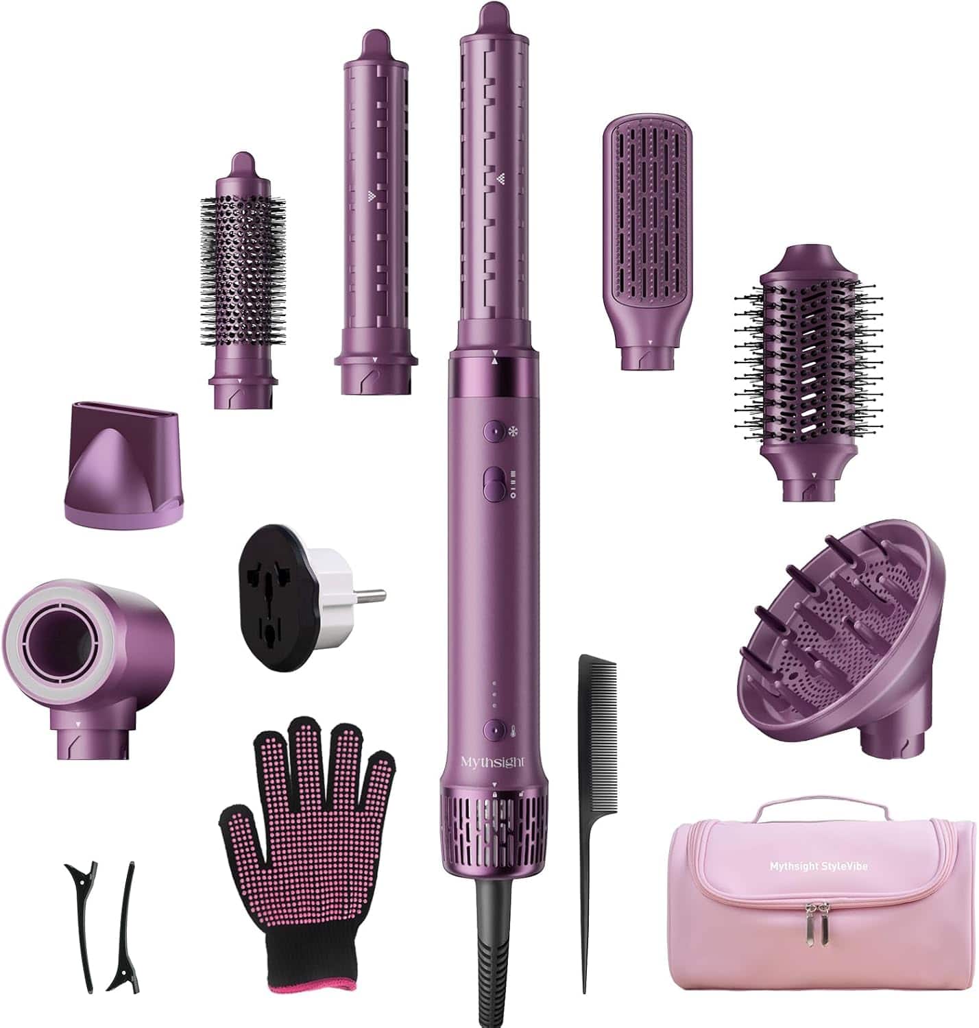 Mythsight - StyleVibe 8-in-1 Air Styler, Dual Voltage Hair Dryer & Blow Dryer Brush with Travel Case - Purple