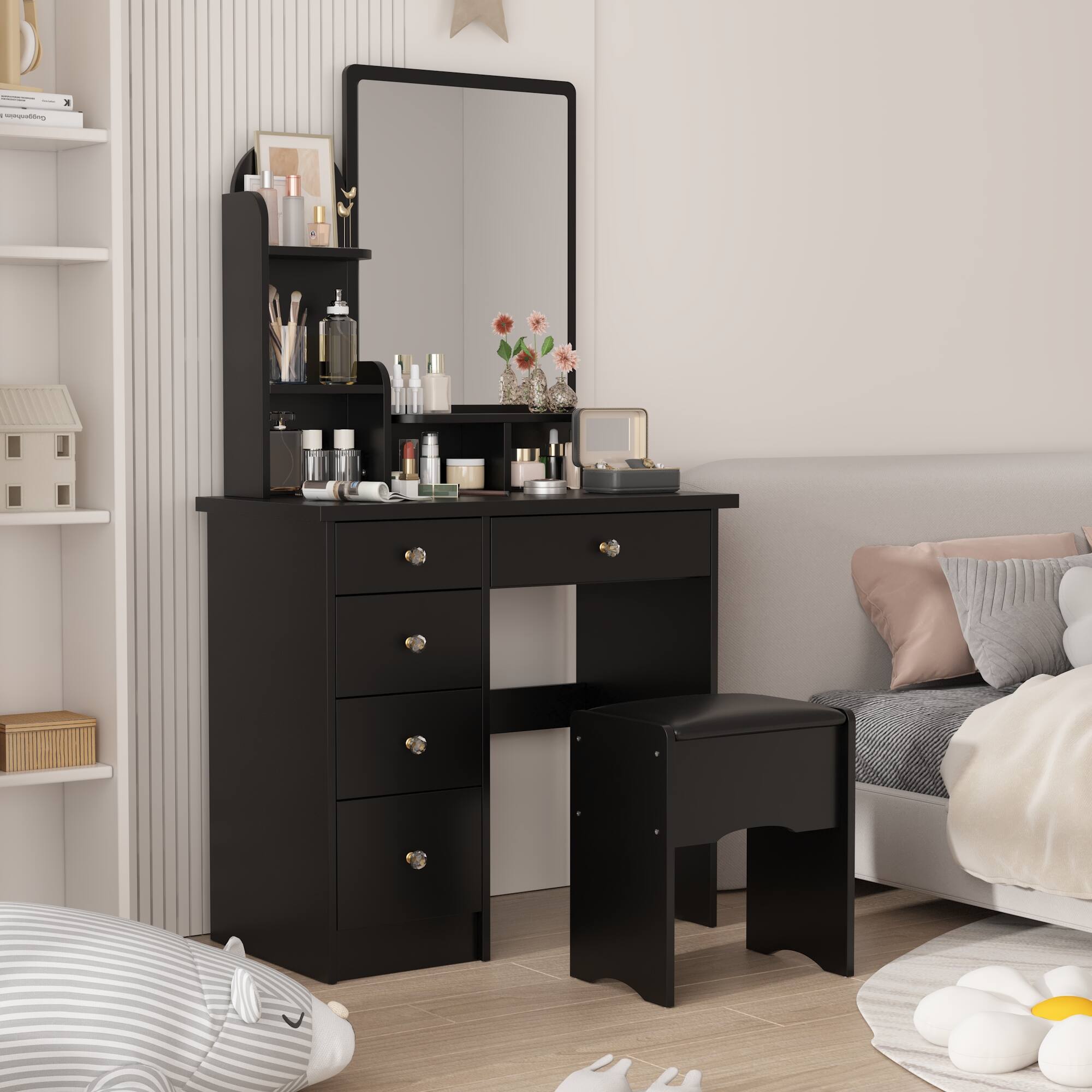 Alt View 8. Famapy - Vanity Table with Stool Organized Dresser Beauty Station for Your Daily Routine - Black.