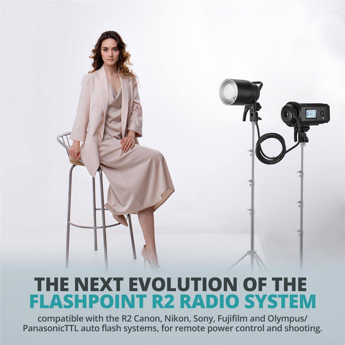 THE NEXT EVOLUTION OF THE FLASHPOINT R2 RADIO SYSTEM compatible with the R2 Canon, Nikon, Sony, Fujifilm and Olympus/ Panasonic TTL auto flash systems, for remote power control and shooting.
