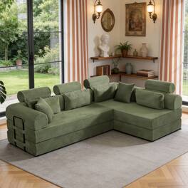 Anysun - L-Shape Corduroy Modular Sectional Sofa - Minimalist Compressed Design, Unfolds into Bed, Space-Efficient - Grayish Green